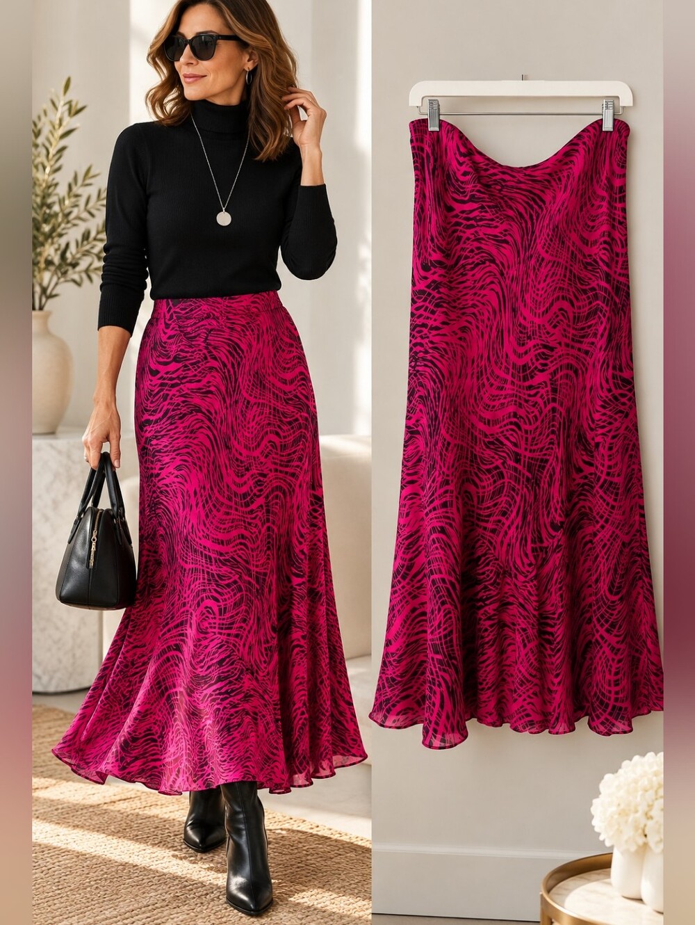 Windsmoor 100% Silk Skirt Size 10 Abstract Wave Print Pink Black Midi